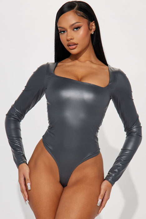 Love Is A Drug Faux Leather Bodysuit - Charcoal