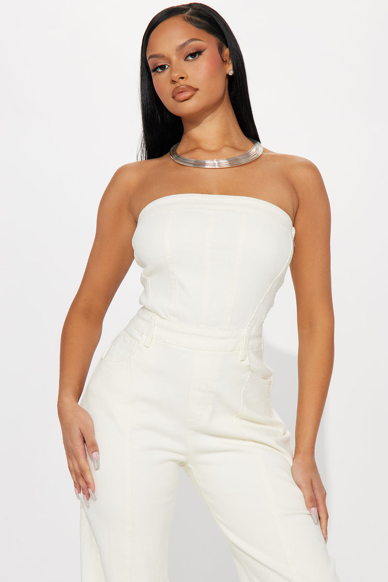 Mine For The Weekend Denim Jumpsuit Cream Fashion Nova, Jumpsuits
