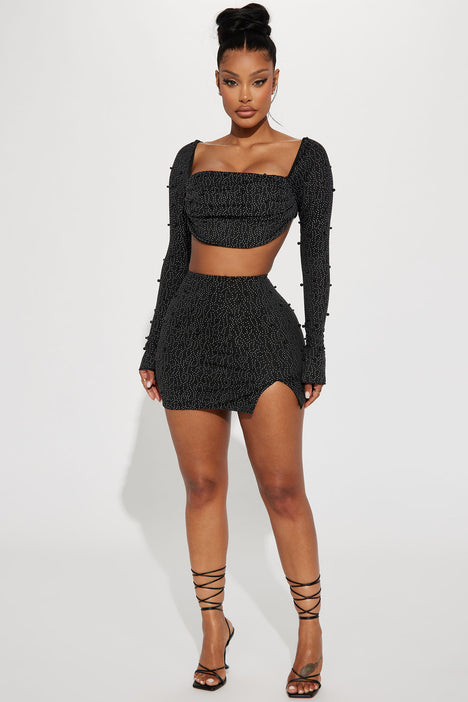 Black rhinestone 2025 skirt set