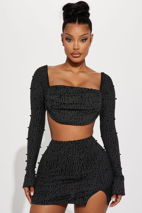 Sent From Above Rhinestone Skirt Set Black Fashion Nova
