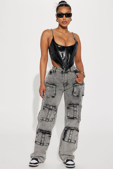 Lightweight Denim Cargo Style Straight Leg Jumpsuit