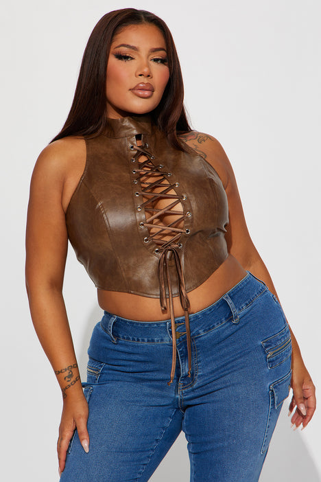 Keep On Going Faux Leather Top - Brown