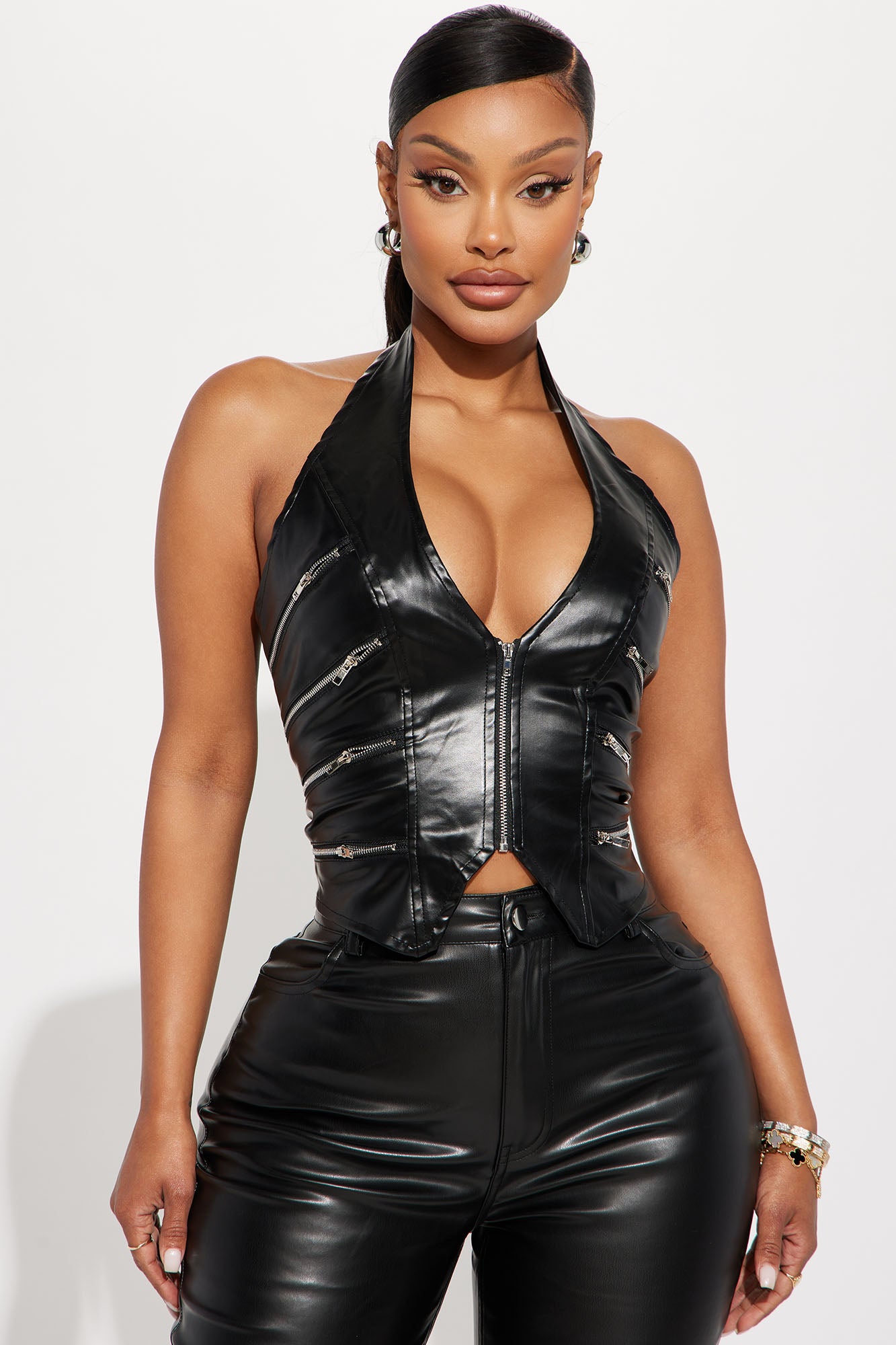 Off Roading Faux Leather Halter Top - Black