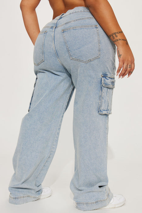 Just A Fling Stretch Straight Leg Cargo Jean Light Wash