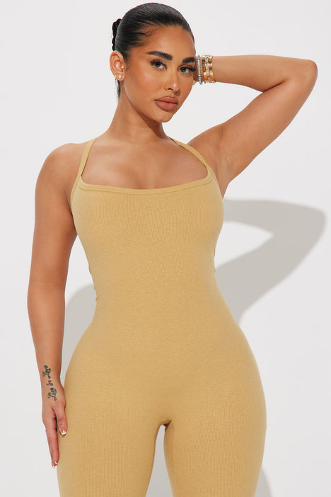 Tan jumpsuit fashion nova hotsell