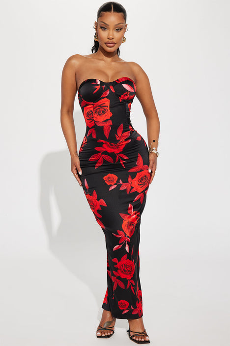 Rosie Satin Maxi Dress Red combo