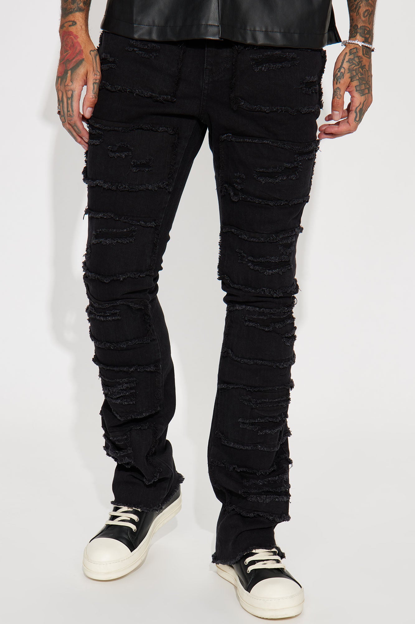 Shredded Stacked Skinny Flared Jeans - Black Wash, Fashion Nova, Mens Jeans