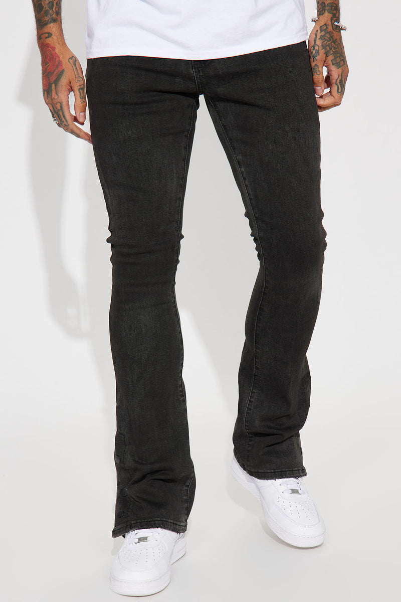 Got Me Side Snap Stacked Skinny Flare Jeans Black Wash Fashion Nova