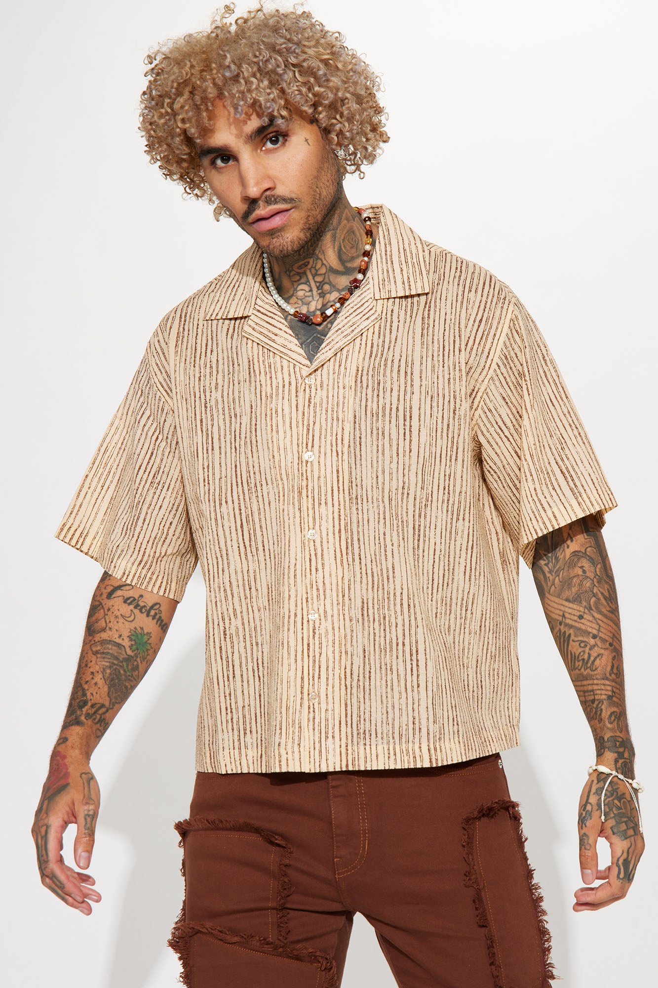 Blurred Lines Textured Button Up Shirt - Brown