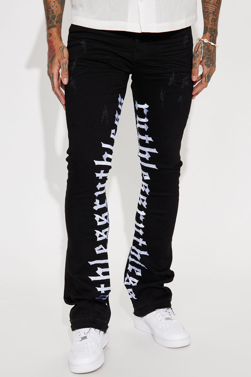 I Be Ruthless Embroidered Stacked Skinny Flare Jeans Black/White