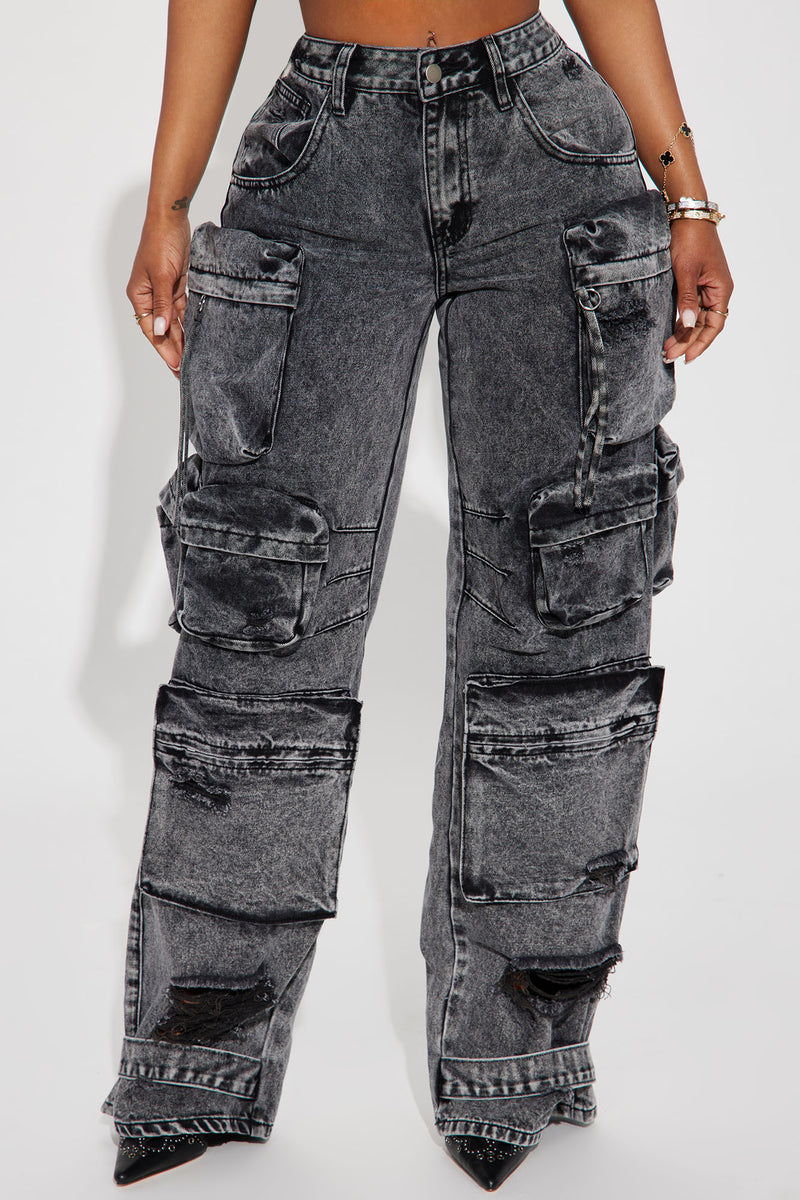 Millie Non Stretch Ripped Cargo Jeans - Acid Wash Black | Fashion Nova ...