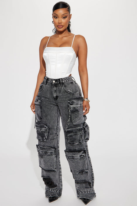 Millie Non Stretch Ripped Cargo Jeans - Acid Wash Black