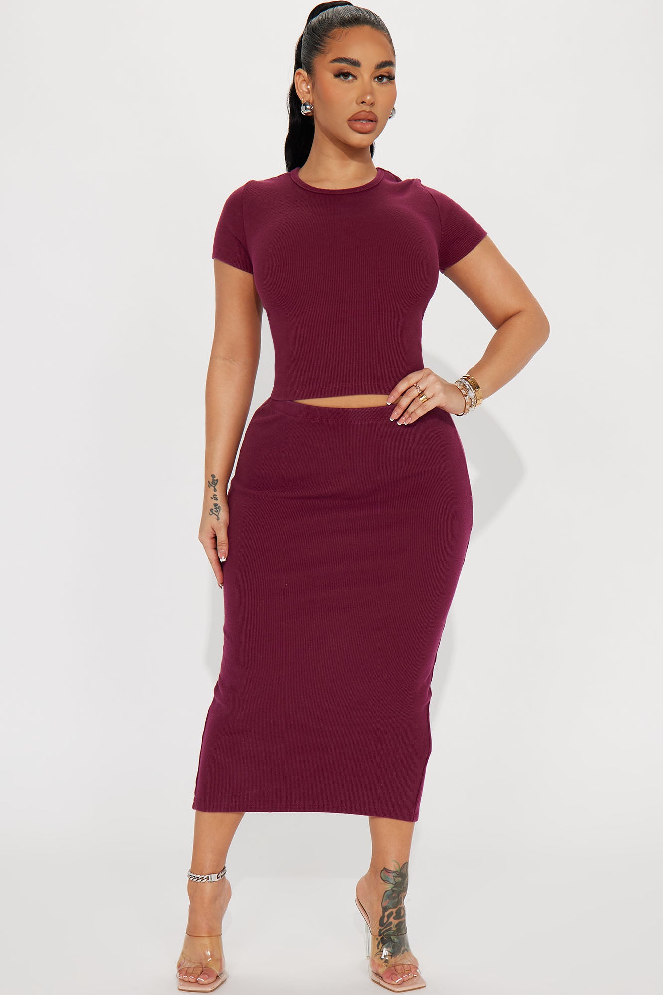 Nala Ribbed Skirt Set - Burgundy