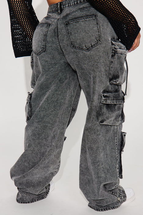 Millie Non Stretch Ripped Cargo Jeans Acid Wash Black