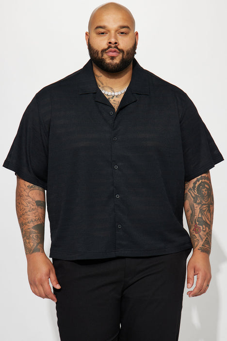 Summer Nights Textured Short Sleeve Button Up Black Fashion