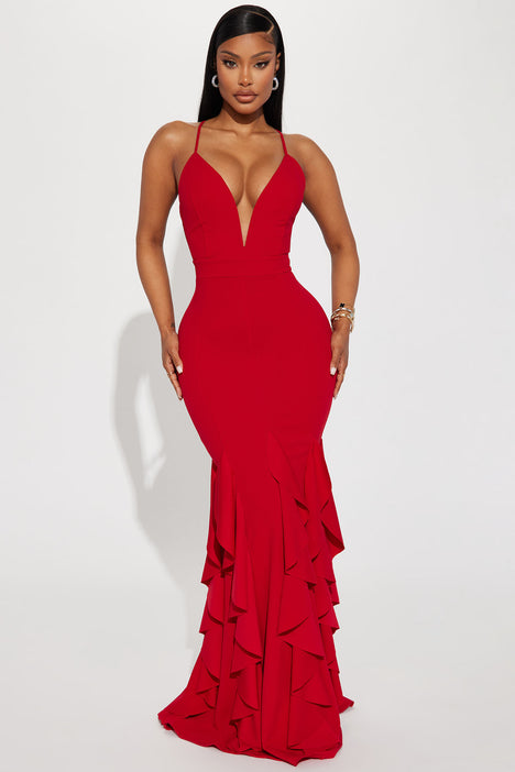 Looking At You Ruffle Maxi Dress Red