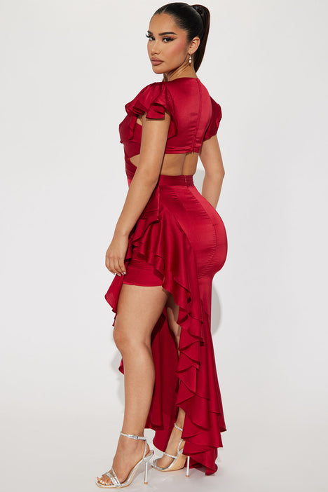 Satin ruffle online maxi dress