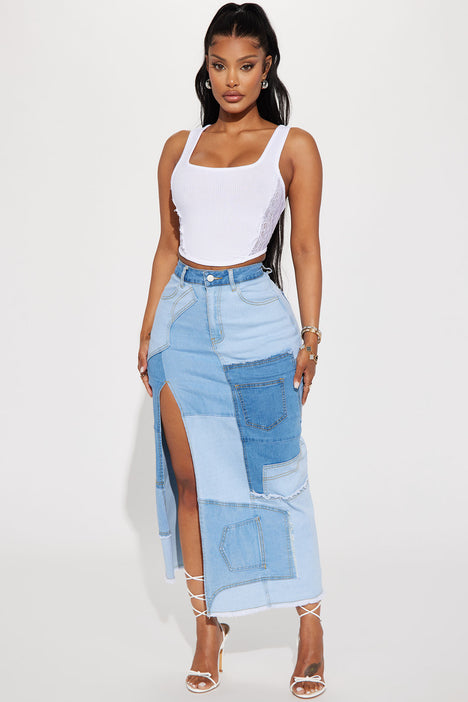 Giddy Up Patchwork Denim Maxi Skirt Light Wash