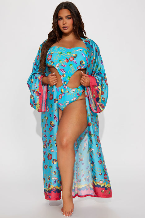 Shell Island Swim Cover Up Kimono - Blue/combo, Fashion Nova, Swimwear