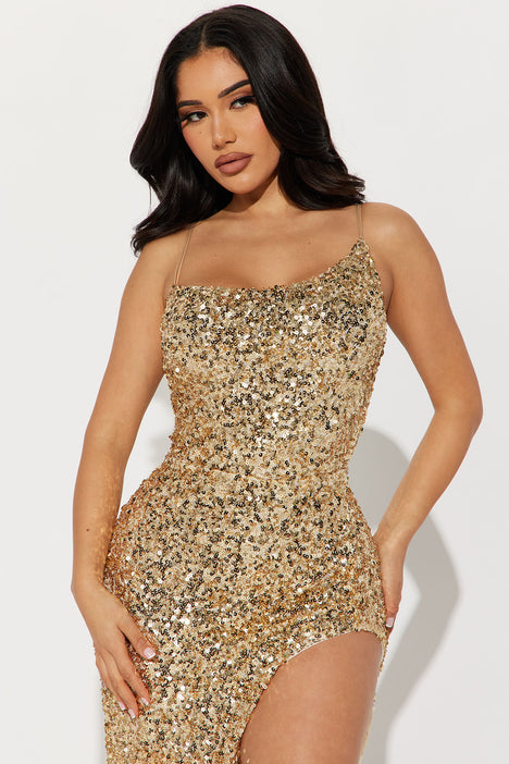 Joni Sequin Maxi Dress Gold