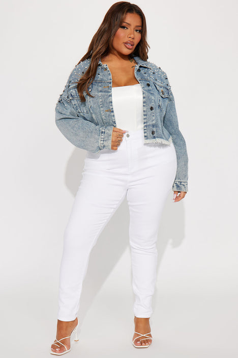 Embellished denim jacket plus size best sale