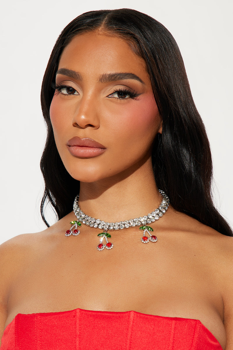 Cherrylicious Rhinestone Choker Silver/Red Fashion Nova, Jewelry