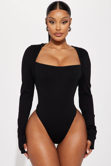 Black long cheap sleeve plunge bodysuit