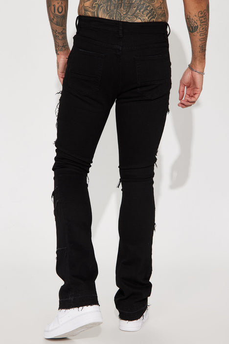 Square Fray Stacked Skinny Flare Jeans - Black