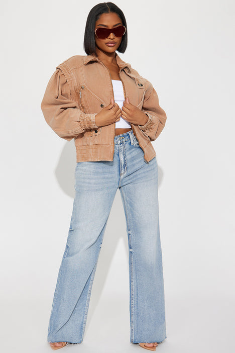 Just Like Magic Non Stretch Denim Moto Jacket Tan