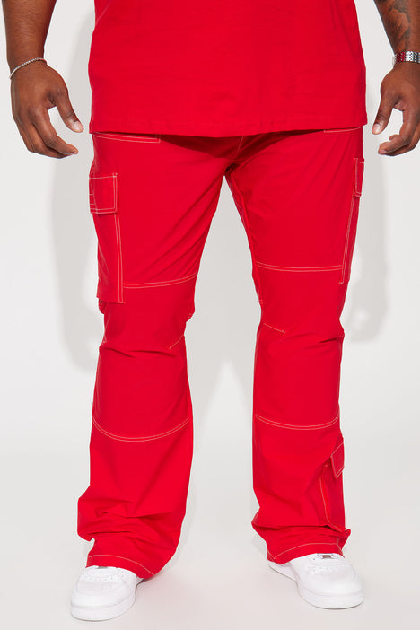 Contrast Stitched Nylon Cargo Flared Pants Red
