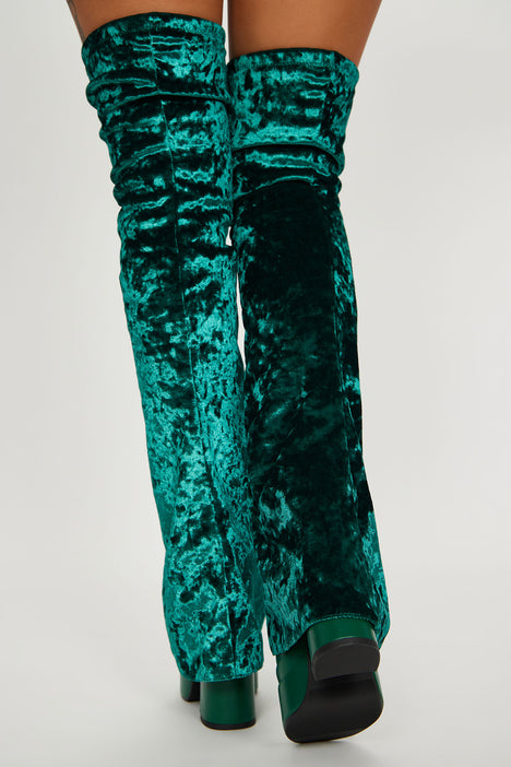 Green velvet thigh high clearance boots