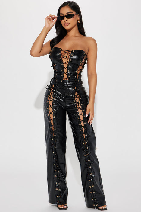 Lace up sales faux leather pants