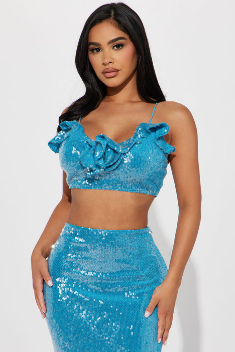 Got A Crush Velvet Sequin Skirt Set Aqua