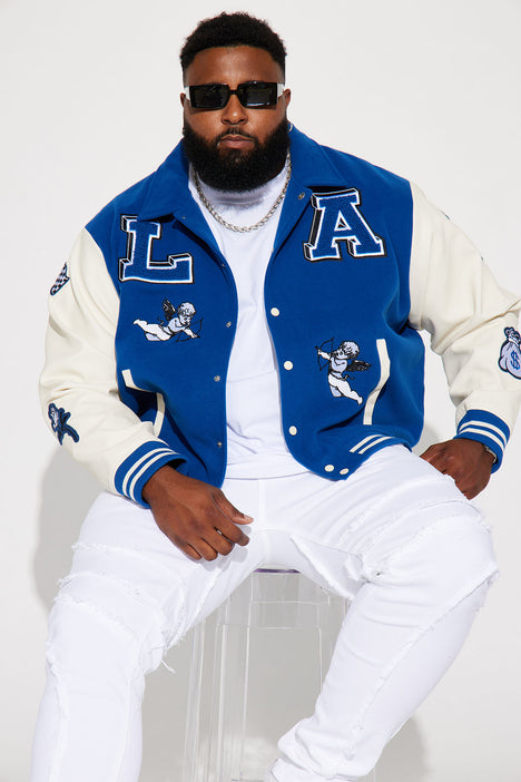 Fashion Nova Men's La Patchwork Varsity Jacket