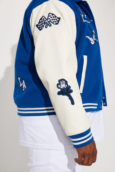 Men's La Patchwork Varsity Jacket Combo in Cream Size Large by Fashion Nova