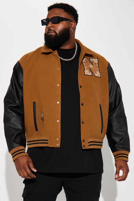 Men's Captain Rose Varsity Jacket with Faux Leather Sleeves in Brown Size Large by Fashion Nova