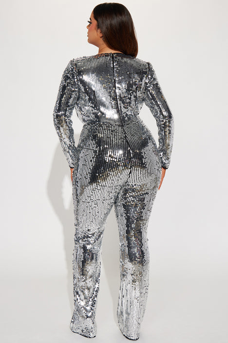 Fashion nova silver jumpsuit hotsell
