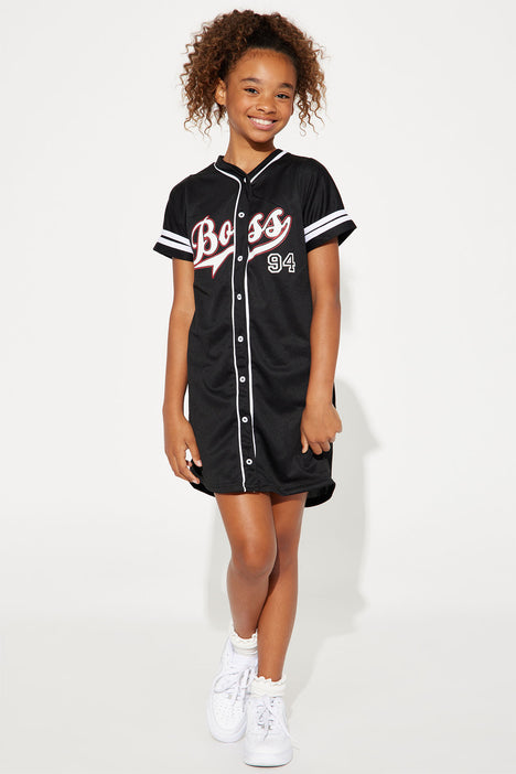Mini Boss 94 Mesh Knit Baseball Jersey Dress - Black