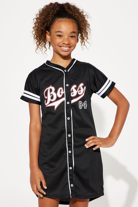 Mini Boss 94 Mesh Knit Baseball Jersey Dress - Black