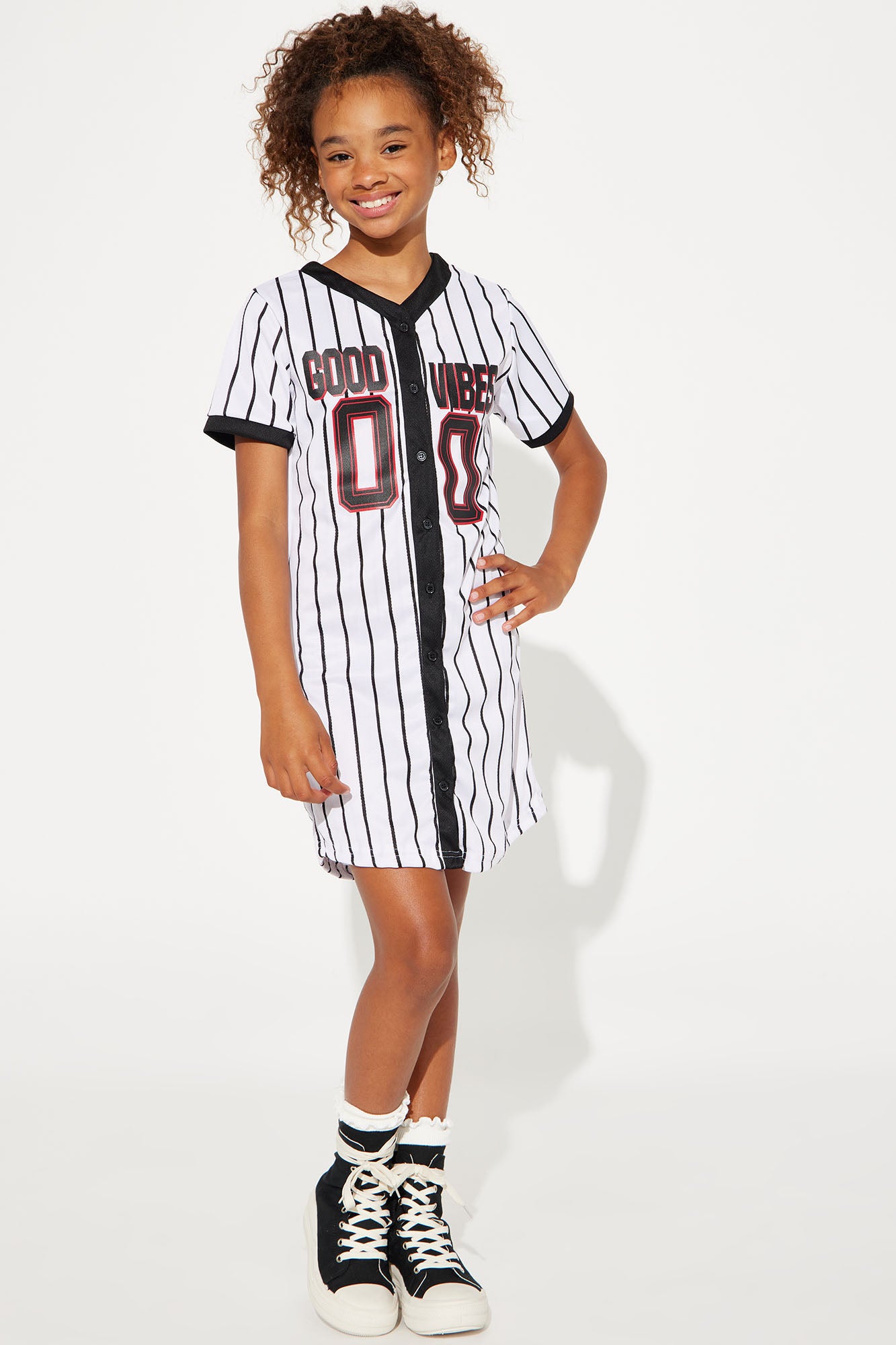 Mini Good Vibes Mesh Knit Baseball Jersey Dress - White/Black