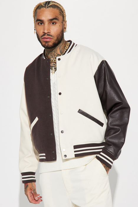 For The Books Faux Leather Sleeves Colorblock Varsity Jacket