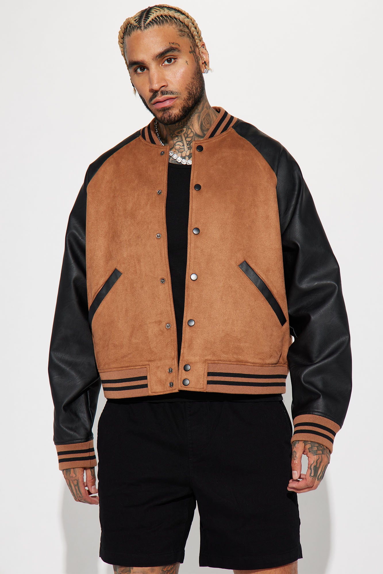 Faux Suede & Leather Varsity Bomber Jacket