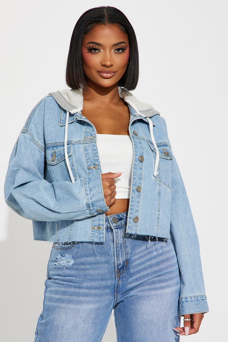 Denim jacket top with removable hood