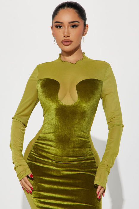 Velvet Long Sleeve Maxi Dress Chartreuse