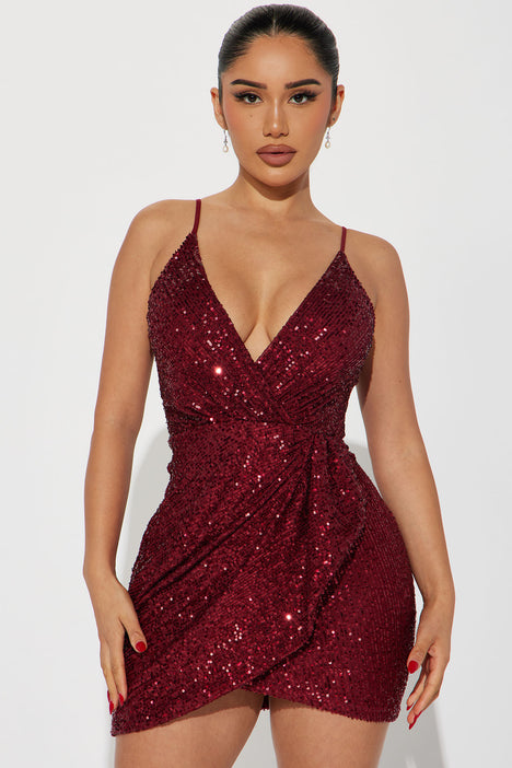 Brianna Sequin Mini Dress Burgundy