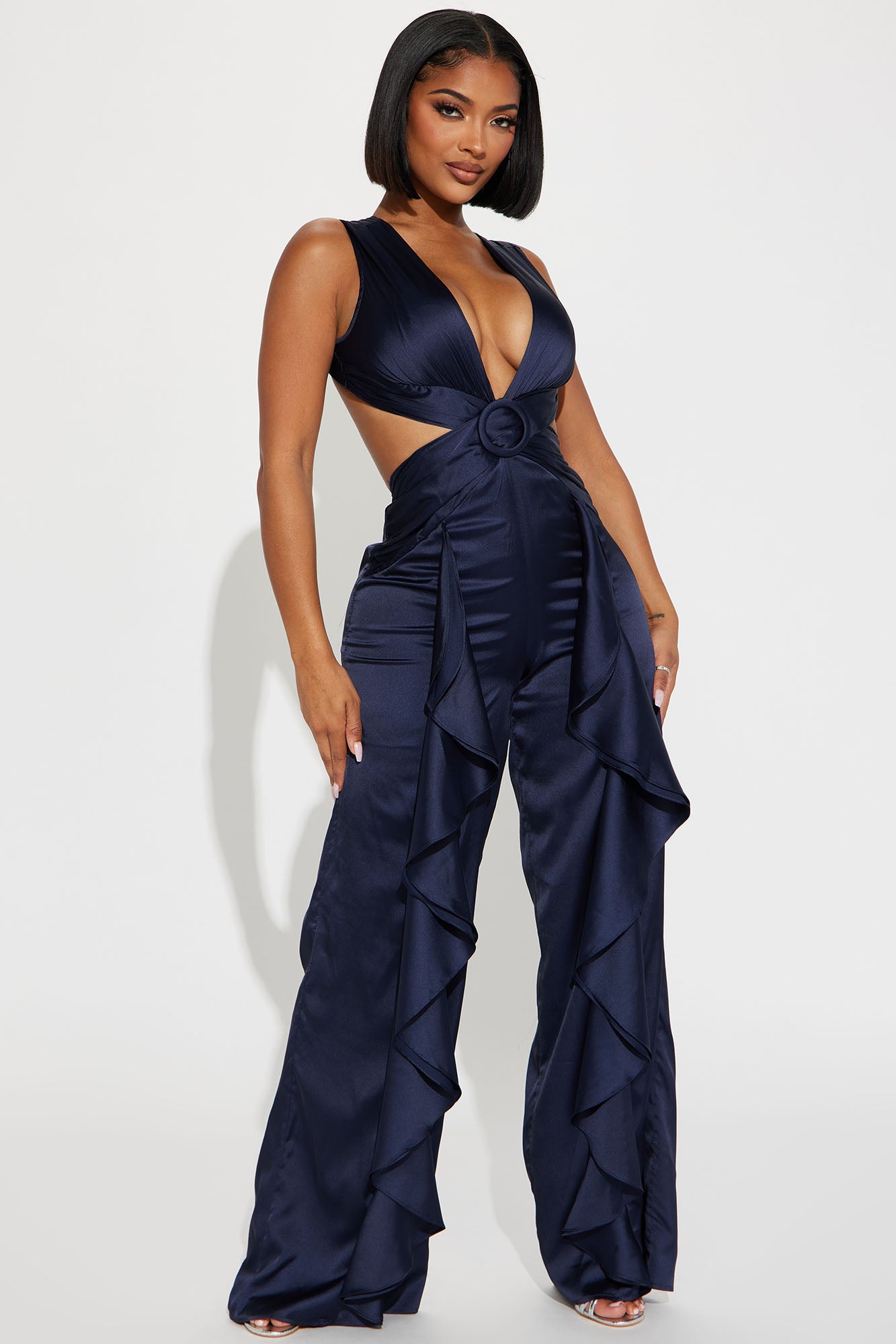 Navy satin jumpsuit sales