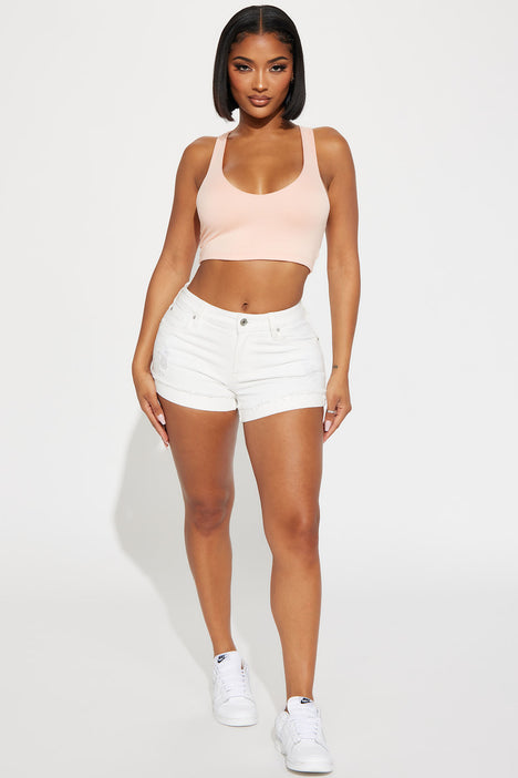 White stretch denim shorts top