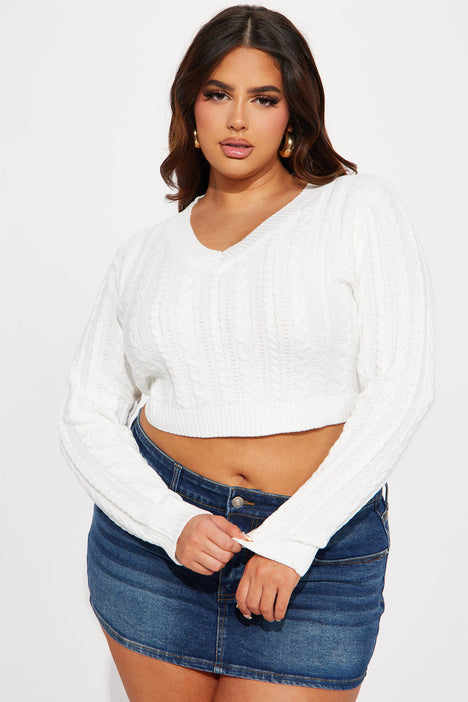 Luna Long Sleeve Crop Top - White, Fashion Nova, Knit Tops