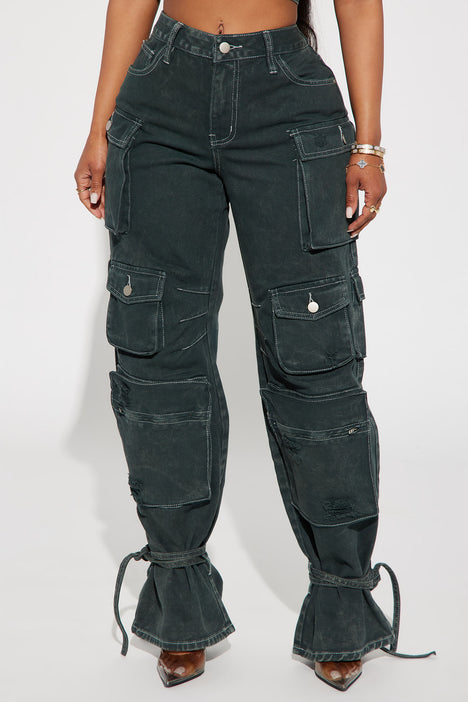 Billie Ripped Ankle Tie Cargo Jeans Green