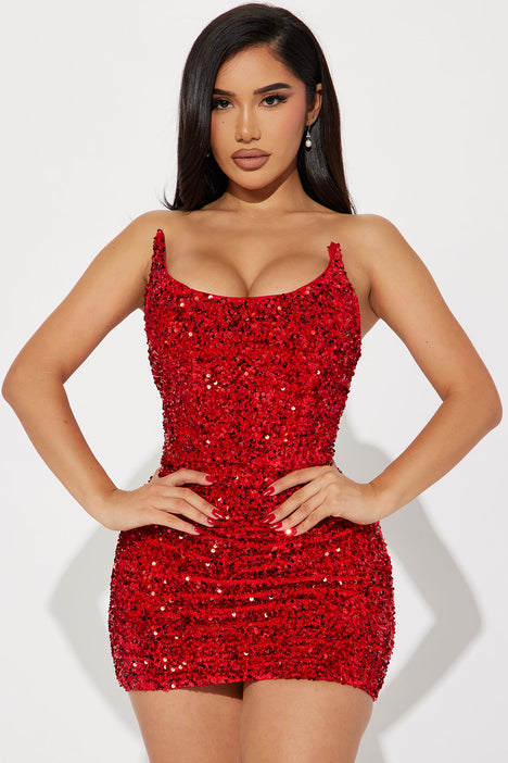 Glamour Sequin Mini Dress - Red, Fashion Nova, Dresses